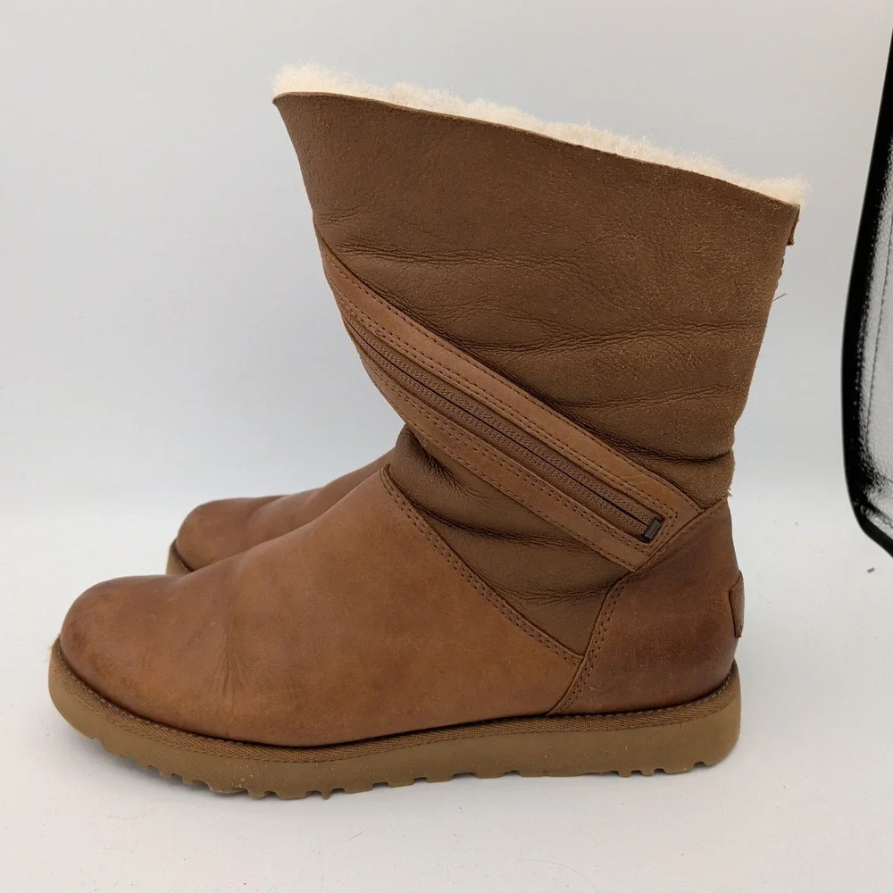 UGG Alba 1014442 Women Brown Leather Shearling Lined Zip Mid Calf Boots Size 8.5